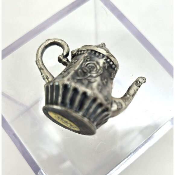 Vintage Pewter Silver Miniature Teapot Figurine With Rose Design Operable je197 - Picture 7 of 7